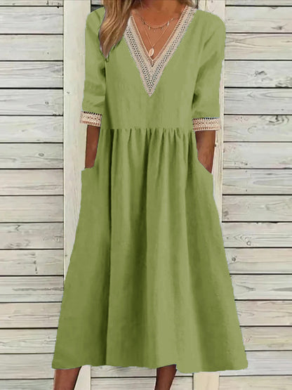 🌈👗【Sleva 50 % 🔥】【40–90 kg】👑 Ležérní dámské midi šaty z bavlny a lnu s krajkovým límečkem, ve větších velikostech