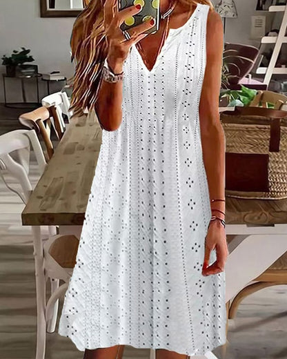 🧚‍♀️【Sleva 50 % 🔥】【S–5XL】😍 Nové letní dámské šaty ve větších velikostech, jednobarevné, bez rukávů, s výstřihem do V a prodyšným žakárovým vzorem