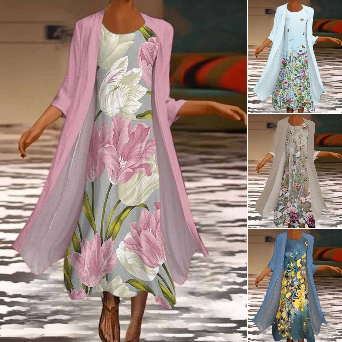 🌻 Sleva -42% 🔥🔥【S-5XL】Nové dámské maxi šaty s květinovým potiskem Dvoudílné šaty s kulatým výstřihem