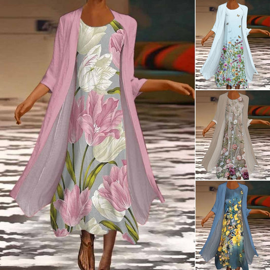 🌻 Sleva -42% 🔥🔥【S-5XL】Nové dámské maxi šaty s květinovým potiskem Dvoudílné šaty s kulatým výstřihem