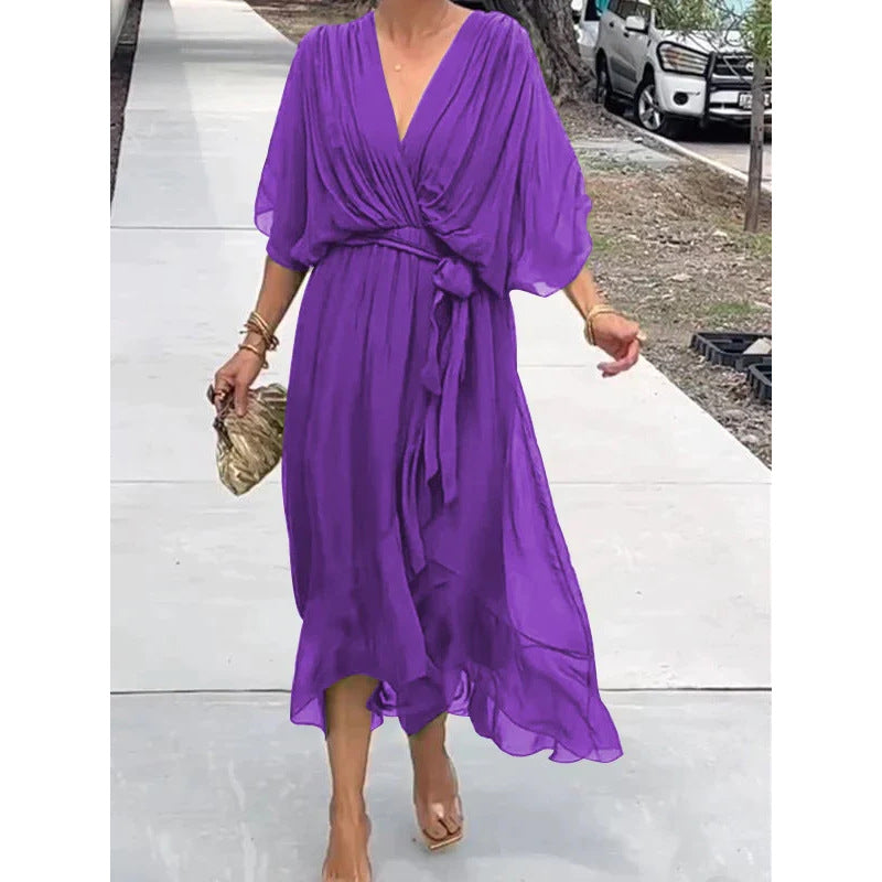 💟【S-5XL】👗 Vícebarevné krajkové šifonové šaty s netopýřími rukávy