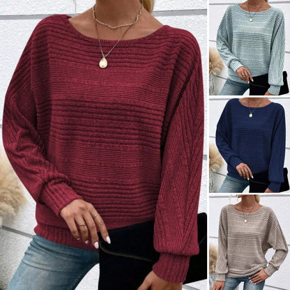 🎉Speciální nabídka tohoto týdne - sleva 50 %✨ Jednobarevný top s kulatým výstřihem, dlouhým rukávem a měkkým a příjemným pruhovaným vzorem -4145876