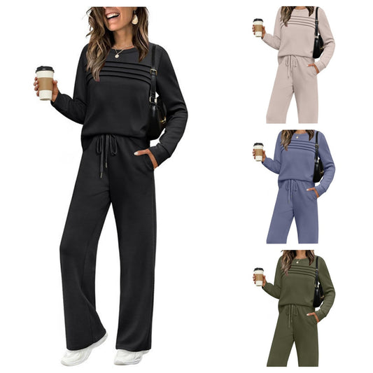 【🥇Отлична оферта】🔥【S-3XL】Дамски моден ежедневен спортен комплект, висококачествена тениска с дълъг ръкав от чист памук + панталон - E