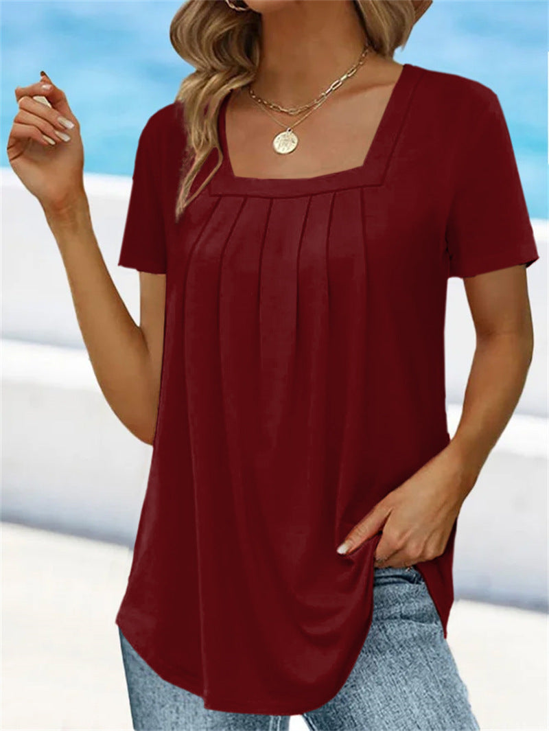 🌈👚【Kup 1, získej 1 zdarma 🔥】【S–5XL】Jednobarevné volné dámské tričko s hranatým výstřihem, ve větších velikostech, s krátkým rukávem, 8 barev