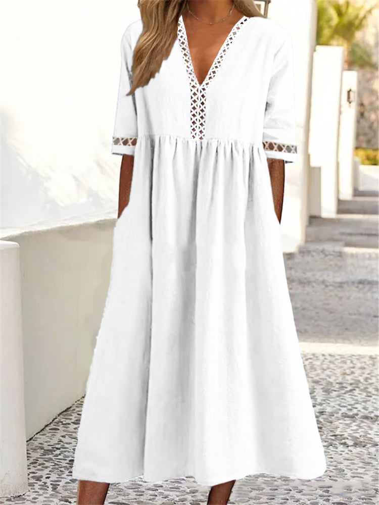 👗【– 50% kedvezmény 🔥】😍 Rövid ujjú, csipkés V-nyakú tavaszi–nyári ruha