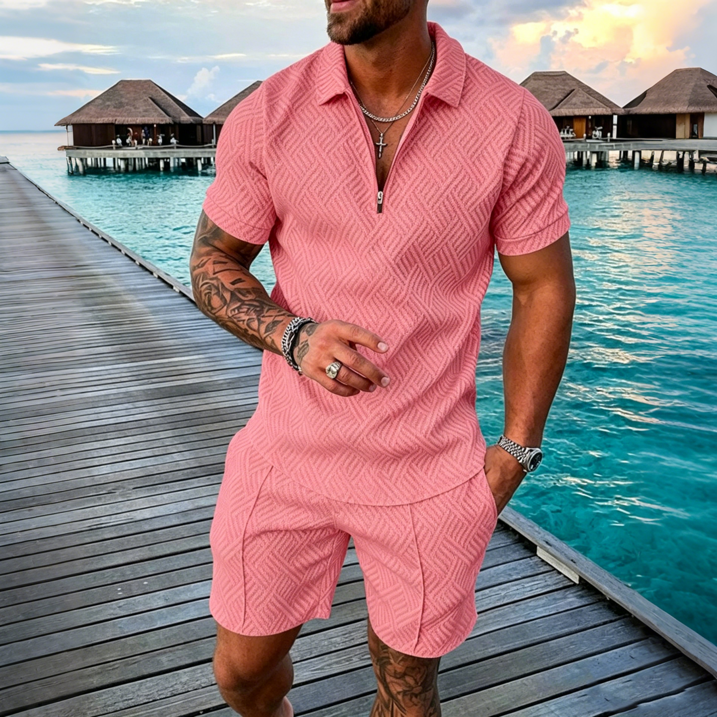😎 50% de descuento🔥【Camiseta + Pantalones】 (40-130 kg) Conjunto de polo con cremallera y estampado 3D para hombre ✅️Pago contra entrega ✅️2 artículos con un 70% de descuento