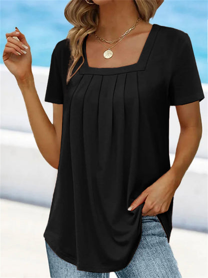🌈👚【Kup 1, získej 1 zdarma 🔥】【S–5XL】Jednobarevné volné dámské tričko s hranatým výstřihem, ve větších velikostech, s krátkým rukávem, 8 barev