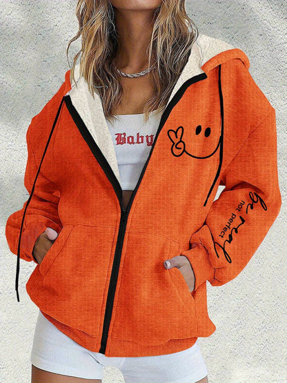 😀【S-5XL】Nová zimní dámská módní bunda s kapucí a potiskem usměvavé tváře