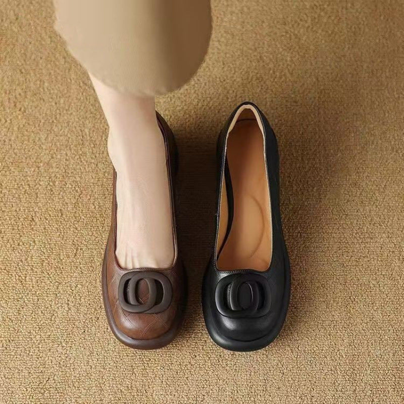 👠【35-40】2025 nové 5CM univerzální módní měkká podrážka retro tlustá kožená obuv s kulatou špičkou