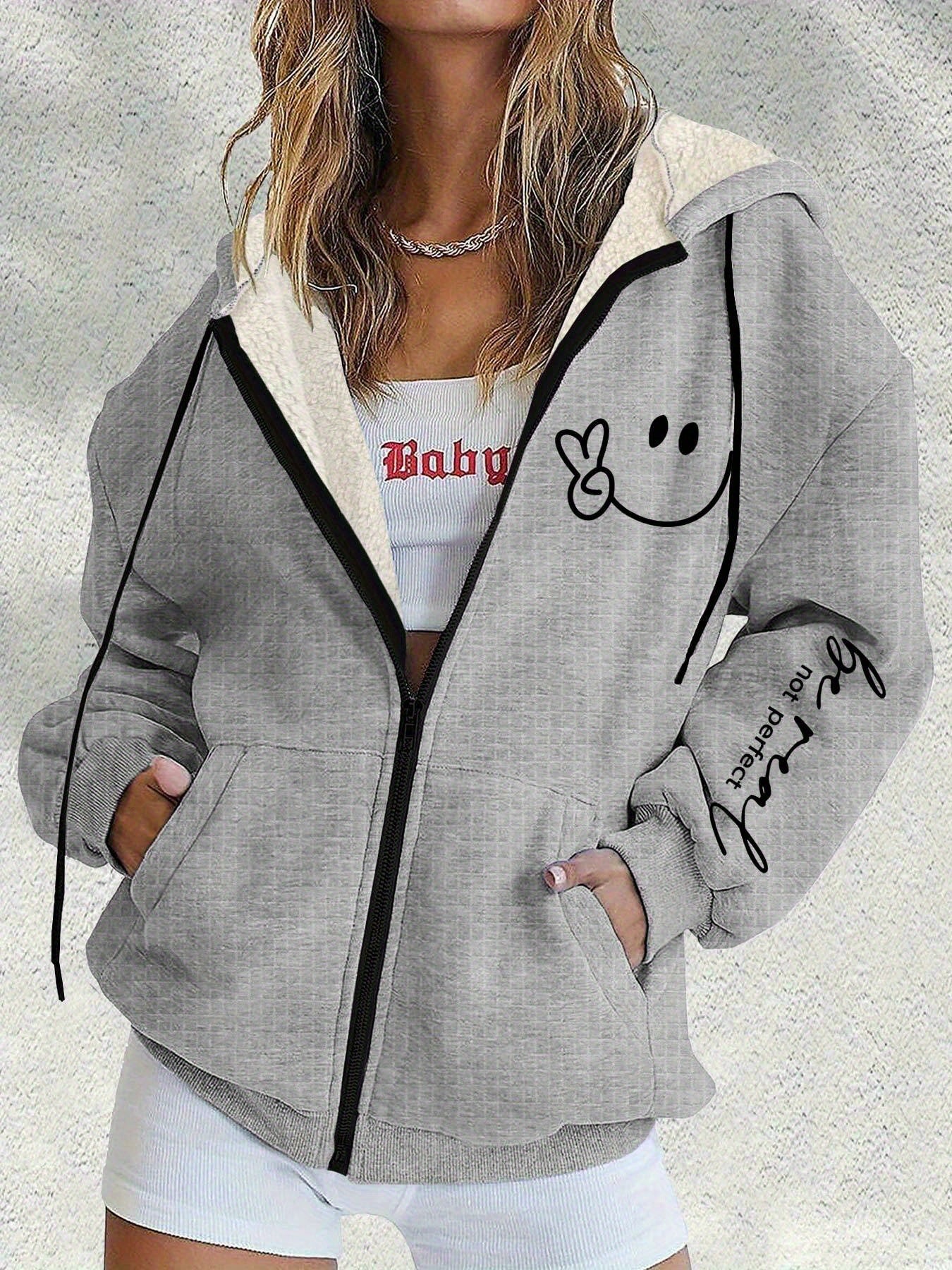 😀【S-5XL】Nová zimní dámská módní bunda s kapucí a potiskem usměvavé tváře