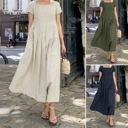 🧚‍♀️💖【50% sleva🔥】【S-5XL】😍Velká dámská dlouhá sukně s krátkým rukávem a čtvercovým výstřihem z bavlny a lnu, elegantní ležérní letní šaty, dlouhé šaty