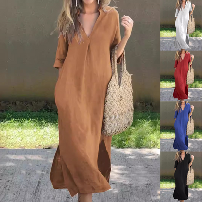 🌿💃【50% kedvezmény 🔥】【S–3XL】V-nyakú, oldalt hasított, kényelmes len maxi ruha nyárra