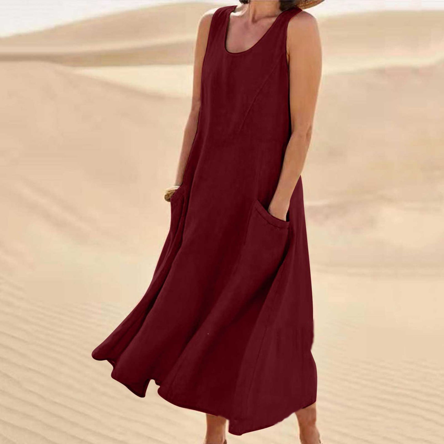 🌈👗【50% sleva 🔥】【12 barev, S-5XL】💖 Nové letní elegantní šaty bez rukávů z bavlny a tencelu s kulatým výstřihem