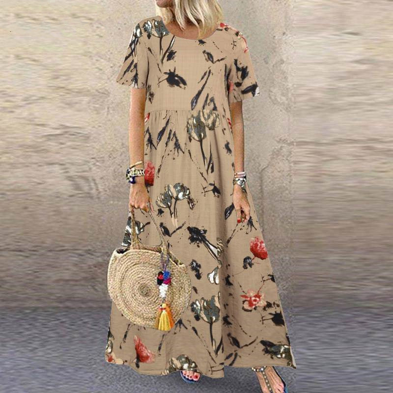 🌻【Sleva 50 % ✨】【S–5XL】👗 Dámské retro šaty s květinovým vzorem, krátkými rukávy a kulatým výstřihem, ve velkých velikostech