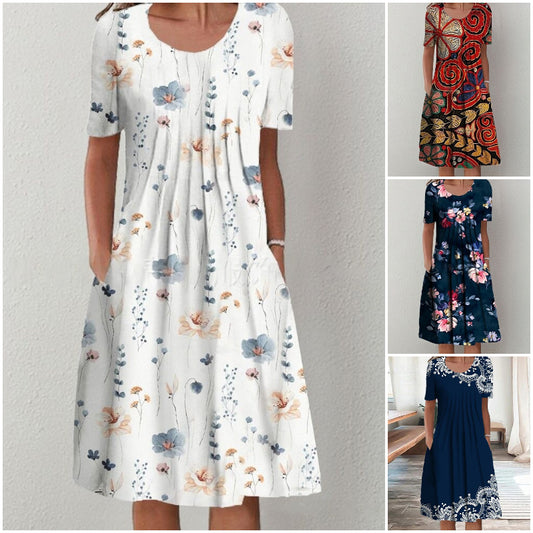 🌈👗【Kupte 1 a získejte 1 zdarma🔥】【S-5XL】🌹2025 nové velké dámské šaty s kulatým výstřihem a krátkým rukávem s potiskem, pohodlné a prodyšné