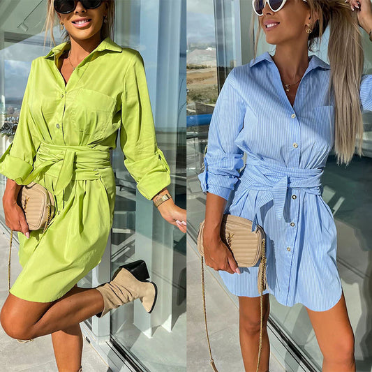 🌞【Novinka – sleva % ✨】【S–XL】Lehké košilové šaty s vázáním, ohrnuté rukávy, více barev