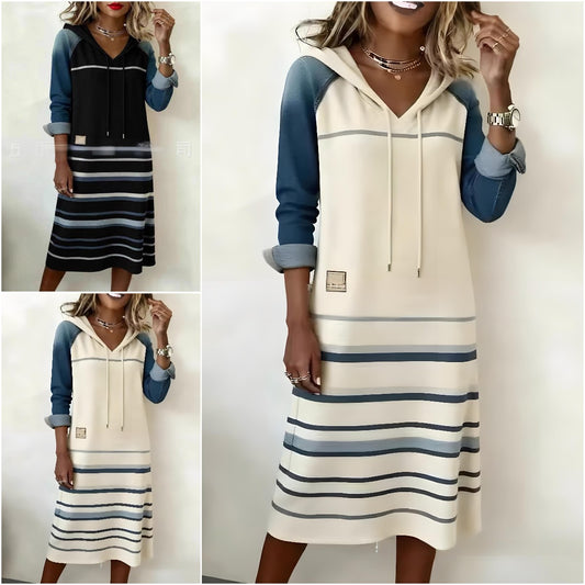 🔥💖Długa jeansowa sukienka z kapturem na Nowy Rok 2026 w kontrastowych kolorach ✅️Płatność przy odbiorze