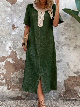 🧚‍♀️👗【Sleva 50 % 🔥】【S-3XL】💖Letní volné dámské šaty s kulatým výstřihem, krajkou, krátkým rukávem, z čisté bavlny a lnu, s rozparkem