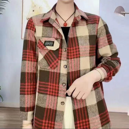 🐏Nová sleva -39%🔥【XL-5XL】Dámská kostkovaná košile z vlněné směsi, zateplená, ve větších velikostech s dlouhým rukávem