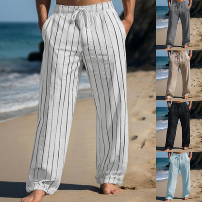 🎹👖【Sleva 50 % 🔥】【M–3XL】😍 Nové pánské lněné kalhoty s pruhy a rovným střihem, ve větších velikostech, s elastickým pasem a šňůrkou