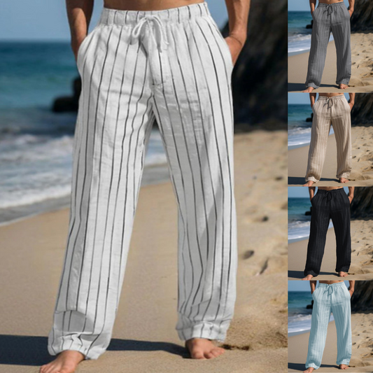🎹👖【Sleva 50 % 🔥】【M–3XL】😍 Nové pánské lněné kalhoty s pruhy a rovným střihem, ve větších velikostech, s elastickým pasem a šňůrkou