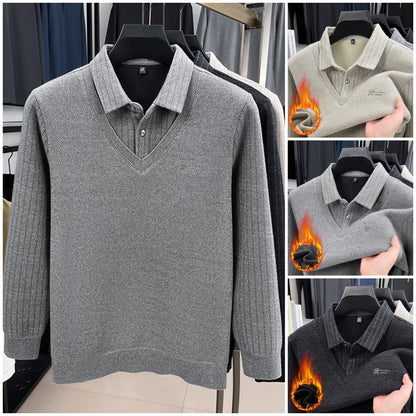 🔥🔥【M-4XL】 Pruhované pánské tričko s klopou, podšívkou z fleece a imitací dvou dílů pro větší teplo -4153175