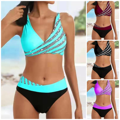 [Časově omezená sleva] 👙 🌴 [S-3XL] Nové dámské dvoudílné plavky s potiskem a pruhy, rok 2025