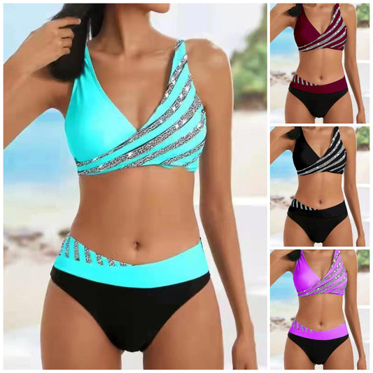 [Časově omezená sleva] 👙 🌴 [S-3XL] Nové dámské dvoudílné plavky s potiskem a pruhy, rok 2025