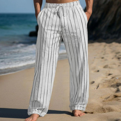 🎹👖【Sleva 50 % 🔥】【M–3XL】😍 Nové pánské lněné kalhoty s pruhy a rovným střihem, ve větších velikostech, s elastickým pasem a šňůrkou