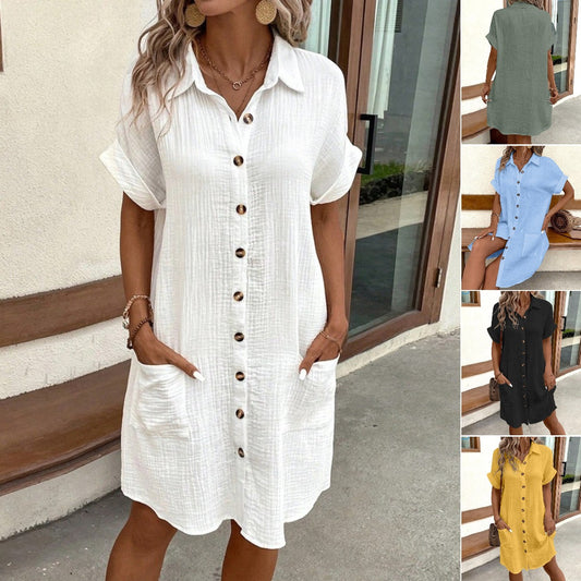🎁👗【Kupte 1 a získáte 1 zdarma 🔥】【S-2XL】😍2025 bavlněné a lněné prázdninové cestovní šaty s krátkým rukávem, lehké a prodyšné