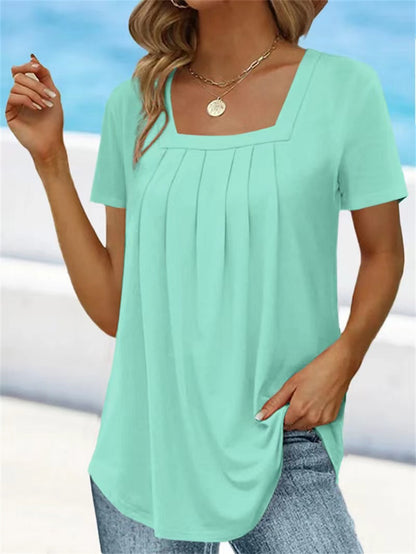 🌈👚【Kup 1, získej 1 zdarma 🔥】【S–5XL】Jednobarevné volné dámské tričko s hranatým výstřihem, ve větších velikostech, s krátkým rukávem, 8 barev