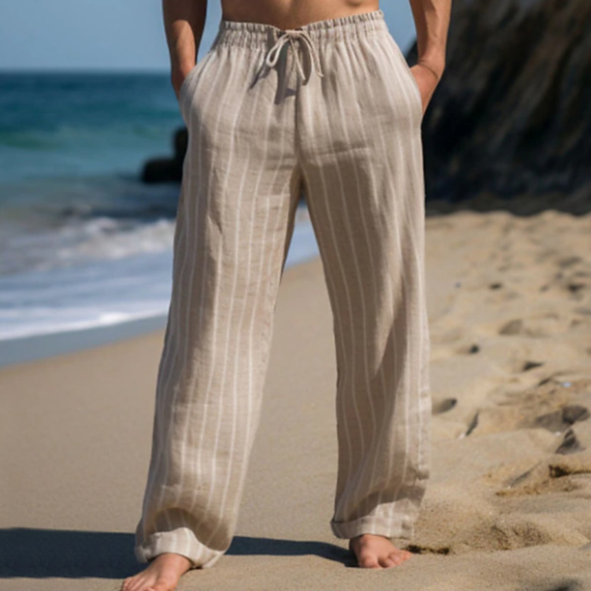 🎹👖【Sleva 50 % 🔥】【M–3XL】😍 Nové pánské lněné kalhoty s pruhy a rovným střihem, ve větších velikostech, s elastickým pasem a šňůrkou