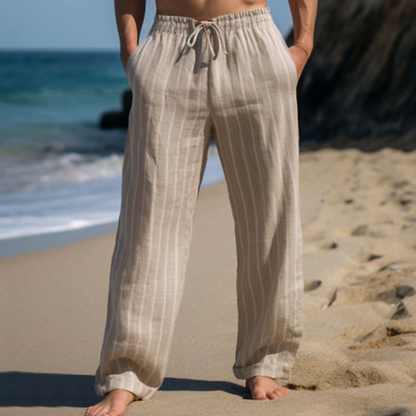 🎹👖【Sleva 50 % 🔥】【M–3XL】😍 Nové pánské lněné kalhoty s pruhy a rovným střihem, ve větších velikostech, s elastickým pasem a šňůrkou