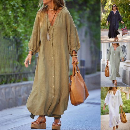 👚💃【Sleva 50 % 🔥】【S–3XL】👗 Dámské dlouhé košilové šaty s výstřihem do V z bavlny a lnu ve větších velikostech