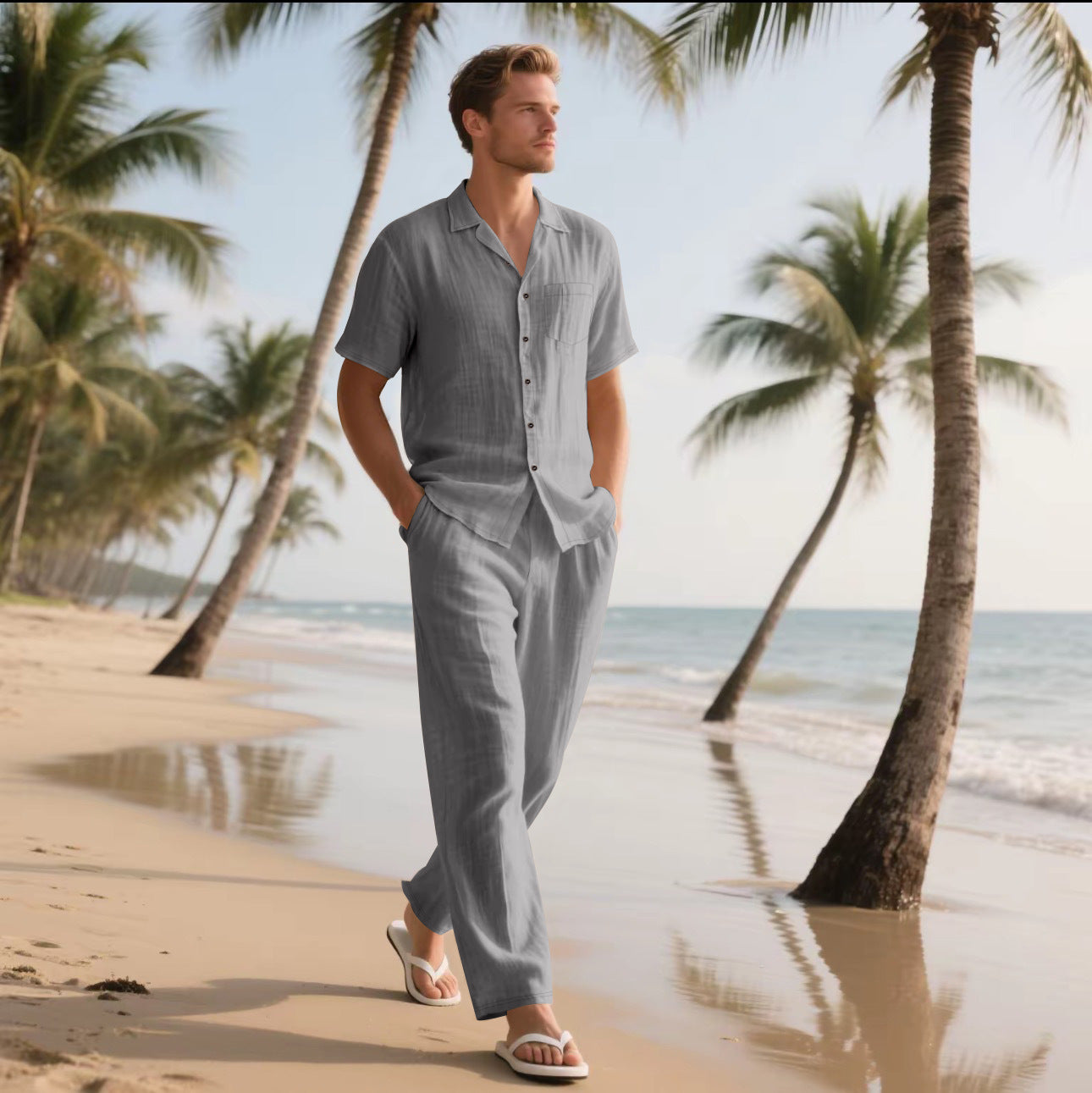😍 50% de descuento🔥【Top + Pantalones】(40-120 kg) Conjunto de dos piezas para hombre, algodón y lino de color liso ✅️Pago contra entrega ✅️2 artículos con un 70% de descuento