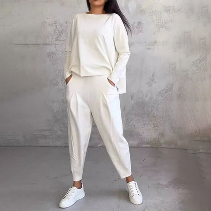 💖【Top + Kalhoty】 Módní dvoudílná souprava, jednobarevné ležérní a trendy dámské oblečení, příjemná látka z čisté bavlny