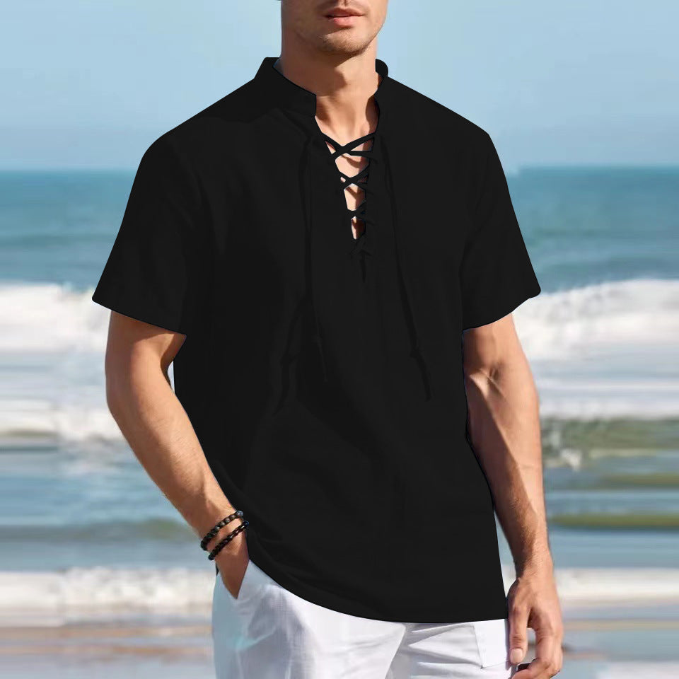 🏄‍♂️👔【Sleva 50 % 🔥】【S–3XL】Pánské Henley tričko z bavlny a lnu, ve větších velikostech, s výstřihem do V a dekorativní šňůrkou