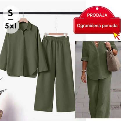 🔥🎉【Top + Kalhoty】【S-5XL】Nový moderní ležérní jednobarevný dámský košilový set
