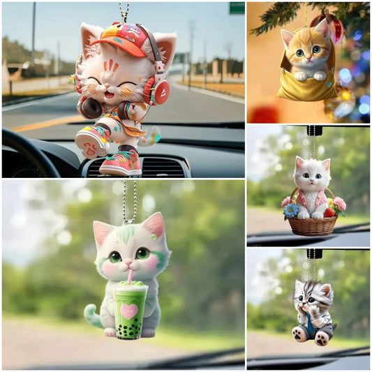 🐱[5/10 kusů] Přívěsek s kočkou a mléčným čajem, akrylový přívěsek do interiéru auta, plochý přívěsek do zpětného zrcátka auta, dekorace-4081272