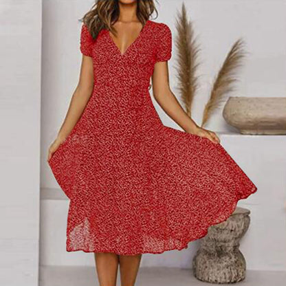 🌈💃【Sleva 50 % 🔥】👗😍 Nové dámské šaty 2025 ve větších velikostech s výstřihem do V a krátkými rukávy, květinové šaty s puntíky ve větších velikostech