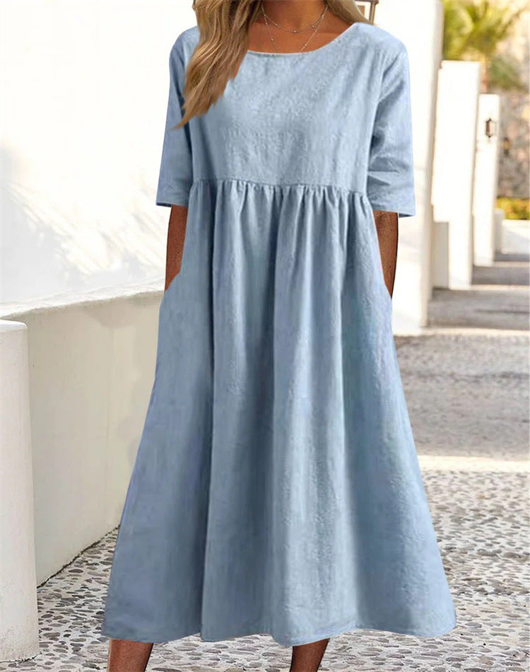 👘🌺【Sleva 50 % 🔥】【M–3XL】Nové letní dámské šaty s kulatým výstřihem a potištěným vzorem, ve větších velikostech, lehké a prodyšné