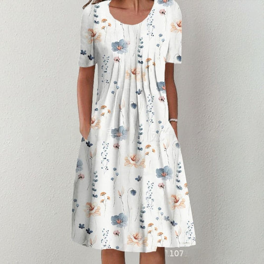 🌈👗【Kupte 1 a získejte 1 zdarma🔥】【S-5XL】🌹2025 nové velké dámské šaty s kulatým výstřihem a krátkým rukávem s potiskem, pohodlné a prodyšné