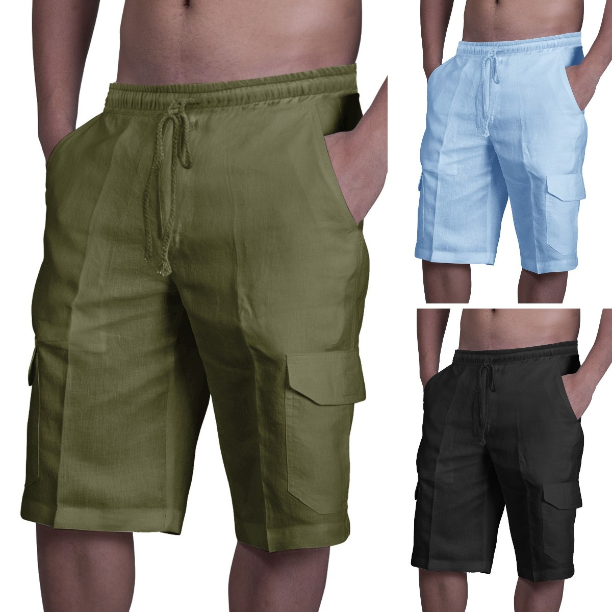 👖⛵ 50% zľava 🔥【50–100 kg】Мъжки ленени карго шорти с връзки за стягане и множество джобове ✅️Плащане при доставка