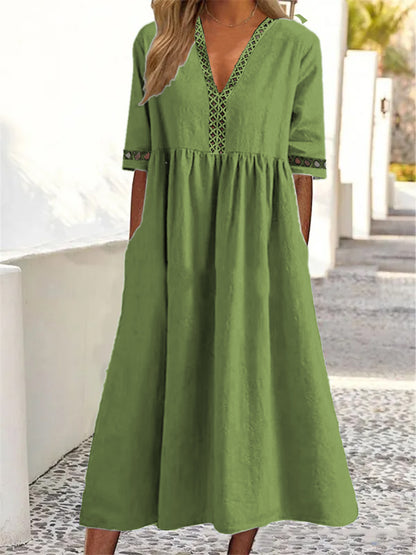 👗【– 50% sleva 🔥】😍 Jarní/letní šaty s krátkým rukávem, krajkovým výstřihem do V ✅️Dobírka