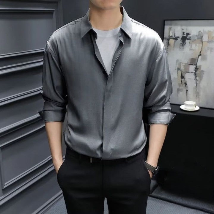 🆒👔【Sleva 50 % ✨】【S–2XL】Letní pánská košile z ledového hedvábí ve větších velikostech, s výstřihem do V, bez knoflíků