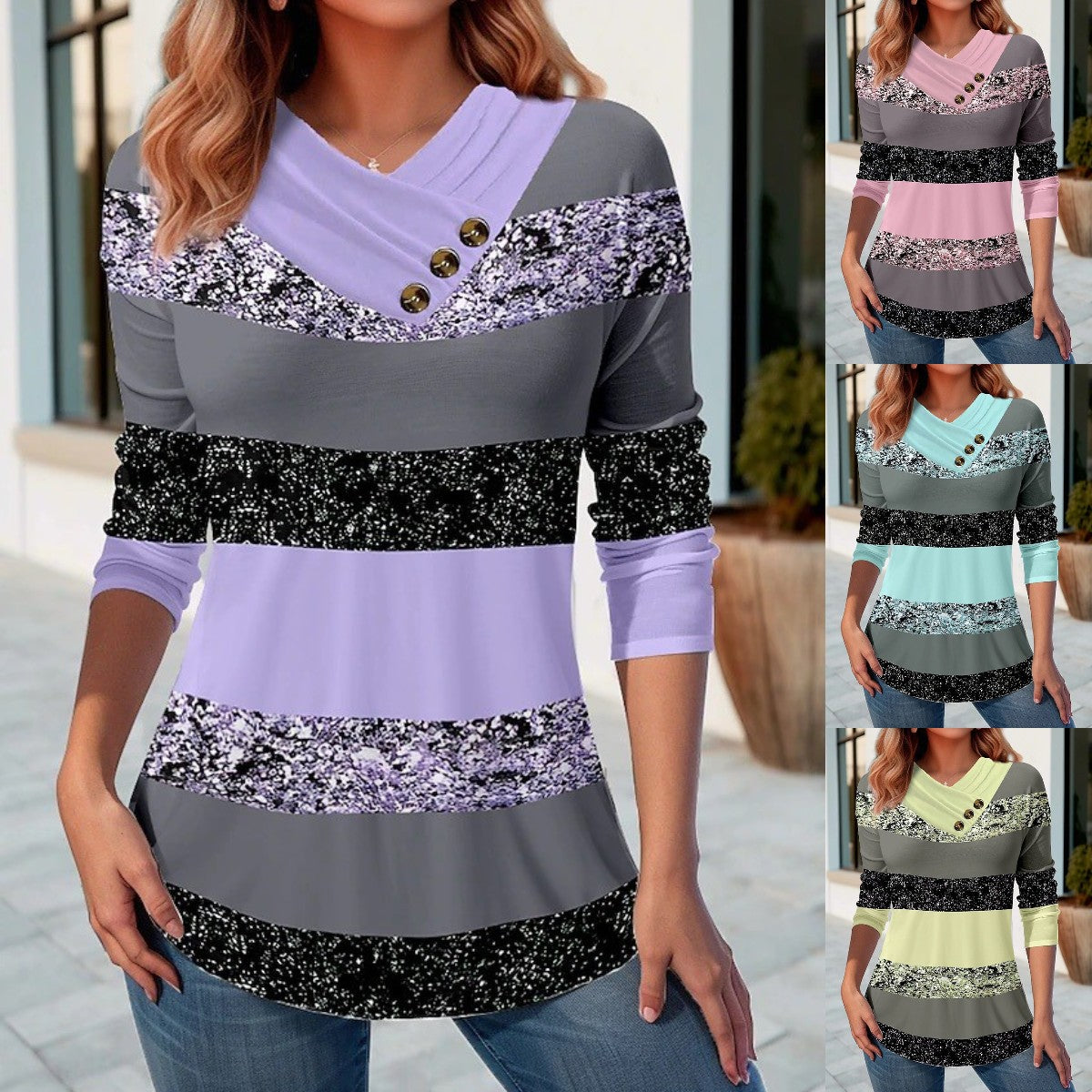 👚 50% zniżki 🔥【S-5XL】Nowy damski top na jesień i zimę w kontrastowych kolorach, z dekoltem w serek i długimi rękawami ✅️Płatność gotówką przy odbiorze