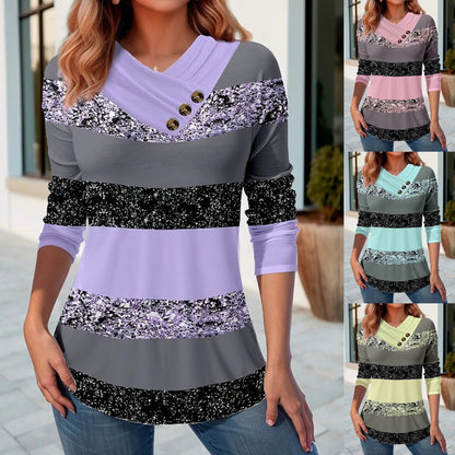 👚 50% отстъпка🔥【40-120kg】Нов дамски есенно-зимен топ с контрастни цветове, V-образно деколте и дълги ръкави ✅️Плащане при доставка