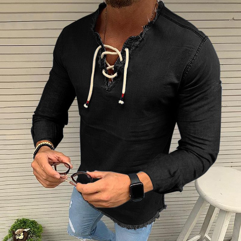 🤠【S–4XL✨】👔 Férfi rövid ujjú fűzős farmerpóló, rugalmas anyagból, nagy méretekben