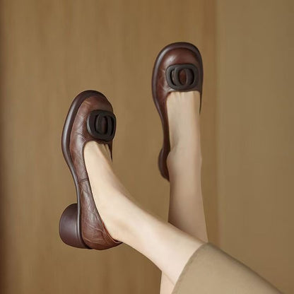 👠【35-40】2025 nové 5CM univerzální módní měkká podrážka retro tlustá kožená obuv s kulatou špičkou