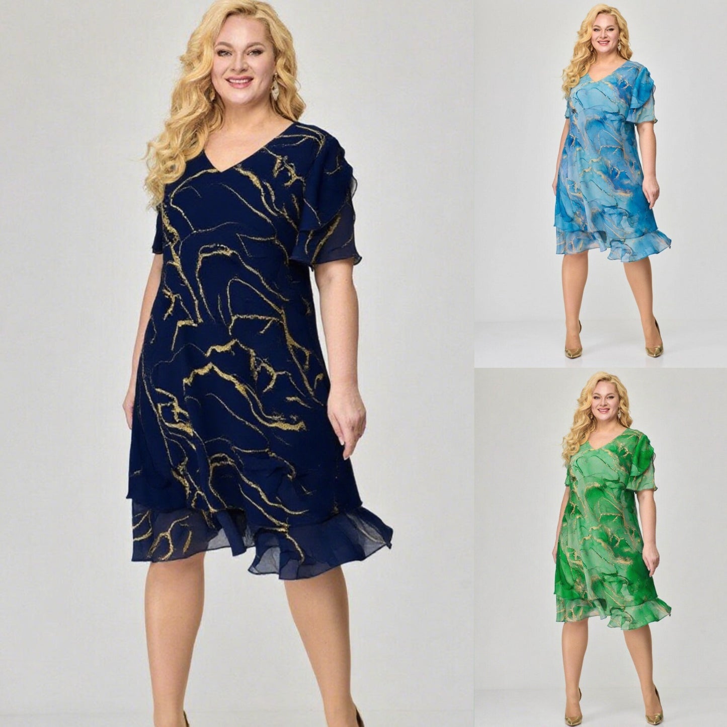 👗【Časově omezená sleva】💥【S-5XL】Nové zlaté hedvábné šaty s mramorovou glazurou